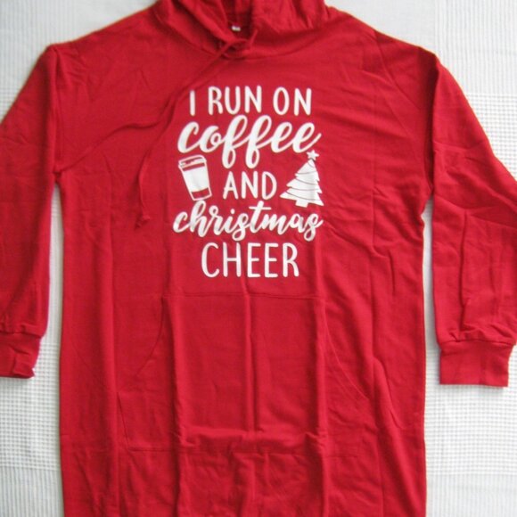 New Christmas Hoodie Dress Hooded Sweatshirt Dress Coffee Holiday Cheer Red MED - Picture 1 of 2